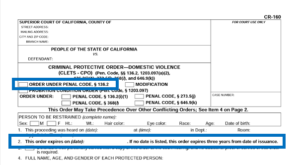 Highlight on Order Under Penal Code on Form CR-160.