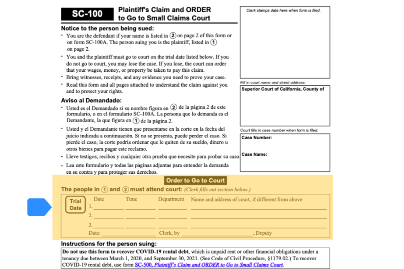 Plaintiff s Claim and ORDER to Go to Small Claims Court (form SC 100