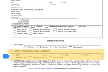 Highlight of the form FL-300 showing where to find the date and time of your hearing