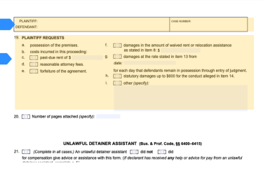 Eviction complaint highlighting parties and what the plaintiff is asking the court for