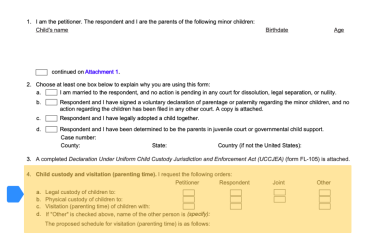 Highlight of Form FL-260 showing section 4: Child custody and visitation