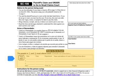 Highlight of Form SC-100 showing Order to Go to Court