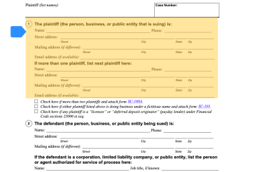 Highlight of Form SC-100 showing Plaintiff