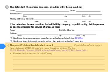 Highlight of Form SC-100 showing money owed