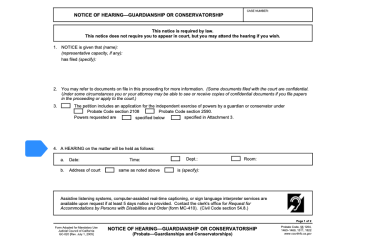 Highlight of Form GC-020 showing hearing information