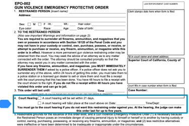 Highlight of form EP-002 showing court hearing date